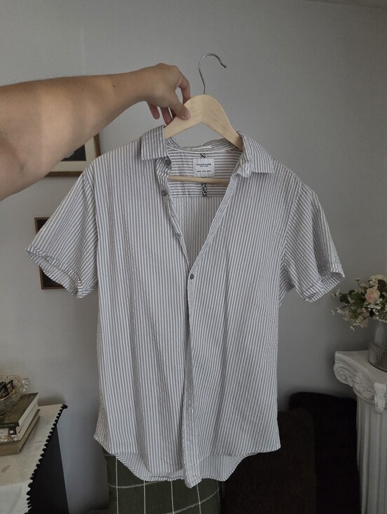Denim & Flower Tops - Denim & Flower White and Light Gray Vertical Stripe Short-Sleeve Shirt